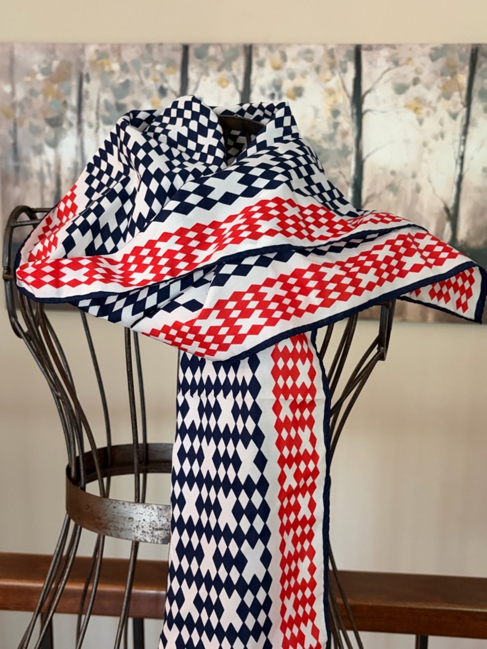Vintage Signed Vera Scarf Navy Red Diamond Pattern
